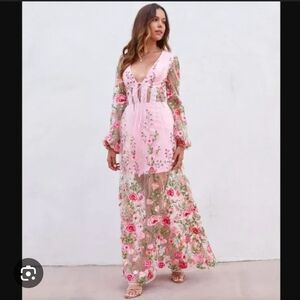 VICI Forever Love Story Sheer Floral Embroidered Maxi Dress